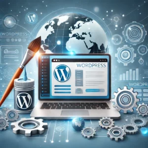 Illustration d’un tableau de bord WordPress sur un écran d’ordinateur portable, entouré d’outils de conception comme un pinceau et des engrenages, symbolisant la personnalisation et l’optimisation pour une présence en ligne réussie.