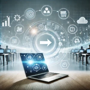 Illustration de la transformation numérique d'une entreprise avec des symboles de technologie tels qu'un ordinateur portable lumineux, des icônes connectées (cloud, automatisation, analyse), et un espace de travail moderne.