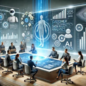 Illustration d’une entreprise moderne utilisant un CRM en 2025, avec un tableau de bord numérique affichant des analyses de données client, des outils d’intelligence artificielle et une équipe collaborative dans un bureau futuriste.