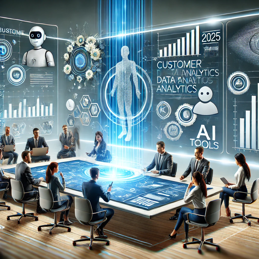 Illustration d’une entreprise moderne utilisant un CRM en 2025, avec un tableau de bord numérique affichant des analyses de données client, des outils d’intelligence artificielle et une équipe collaborative dans un bureau futuriste.
