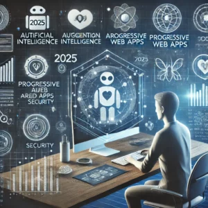 Illustration futuriste des tendances du développement web en 2025, avec des icônes représentant l’intelligence artificielle, la réalité augmentée, les progressive web apps, et la sécurité des données, dans un espace de travail moderne.