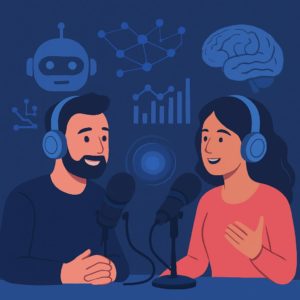 Illustration d’un homme et d’une femme enregistrant un podcast sur l’intelligence artificielle, avec casques et micros, dans un style flat design sans texte.