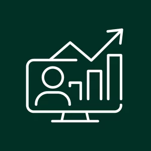 Icône d’un écran et de barres de croissance avec un personnage, représentant la visibilité accrue en ligne.