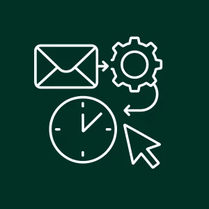 Illustration d’un email automatisé avec engrenage et horloge symbolisant le gain de temps.