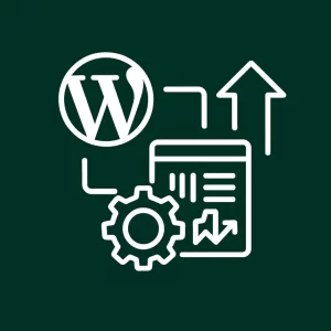 Icône représentant la compatibilité et l’évolutivité d’un site WordPress avec des flèches et une roue dentée.