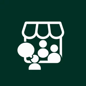 Icône de communauté sous un store, illustrant l’écosystème marketplace.