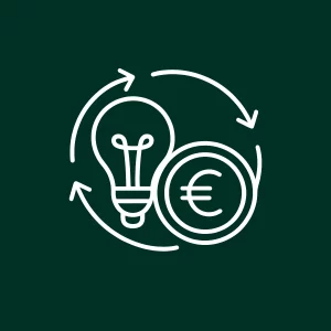 Icône d’ampoule et pièce de monnaie reliées par des flèches pour illustrer les économies à long terme grâce à une charte graphique.