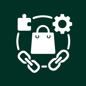 Icône représentant un sac d’achat entouré d’un puzzle, d’un engrenage et d’une chaîne symbolisant l’écosystème WooCommerce.