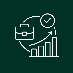 Icône d’un site web avec une feuille et un symbole dynamique illustrant l’évolution d’une entreprise.