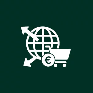 Flèches autour d’un globe et d’un caddie pour représenter la portée commerciale.
