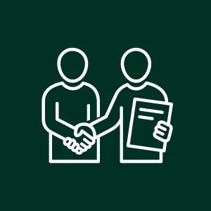 Deux personnages se serrant la main, illustrant la facilité de délégation avec une charte graphique claire.