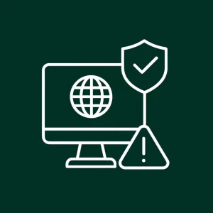 Icône illustrant la fiabilité et la disponibilité d’un site internet avec un globe, un bouclier et un symbole d’avertissement.