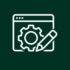 Icône d’une roue dentée et d’un crayon sur une fenêtre web illustrant la personnalisation WooCommerce.