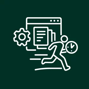 Personnage courant devant un écran d’ordinateur et une horloge, symbolisant le gain de temps et la productivité.