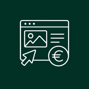 Icône d’un écran web avec une flèche et un symbole euro, évoquant le trafic et les conversions.
