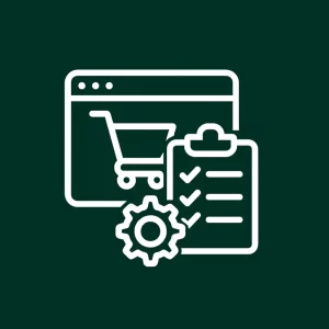 Icône d’un caddie en ligne avec un tableau de gestion et une roue dentée.