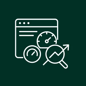 Icône de site web avec des compteurs de vitesse et une loupe montrant une performance optimale.