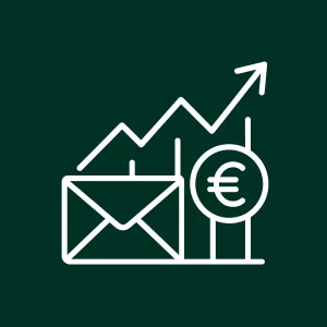 Icône d’une enveloppe et d’un graphique avec un symbole euro indiquant un retour sur investissement élevé.