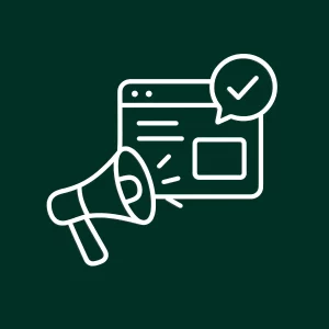 Icône de haut-parleur diffusant une notification sur un écran pour renforcer le message marketing.