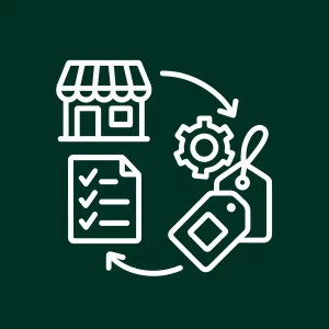 Icône d’une boutique en ligne avec des étiquettes de prix, une checklist et une roue dentée.