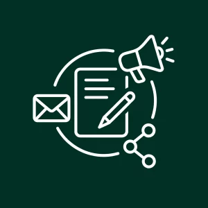 Icônes de stylo, mégaphone et enveloppe entourant un document symbolisant les canaux marketing.