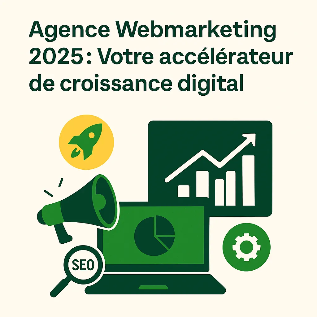 Illustration représentant une agence webmarketing en 2025 comme accélérateur de croissance digitale, avec icônes de graphes, mégaphone et outils SEO.