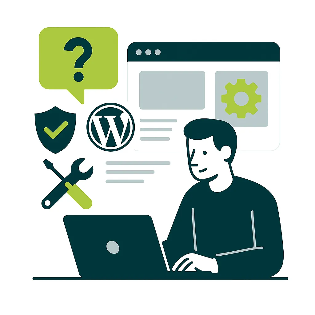 Illustration d’un expert WordPress apportant une aide technique pour un site performant et sécurisé, avec ordinateur et icônes de support.