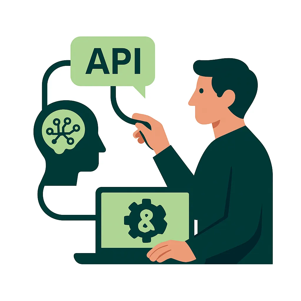 Illustration vectorielle montrant la connexion entre API et intelligence artificielle dans un écosystème numérique.