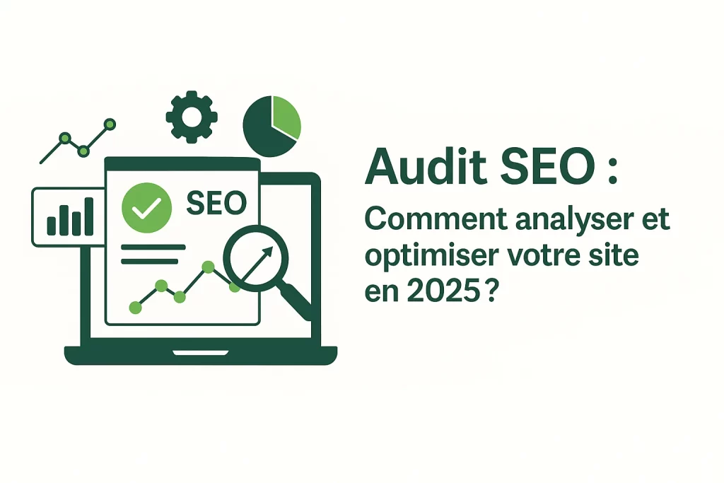 Illustration représentant un audit SEO pour analyser et optimiser les performances d’un site web en 2025, avec graphiques, loupe et icônes de croissance.