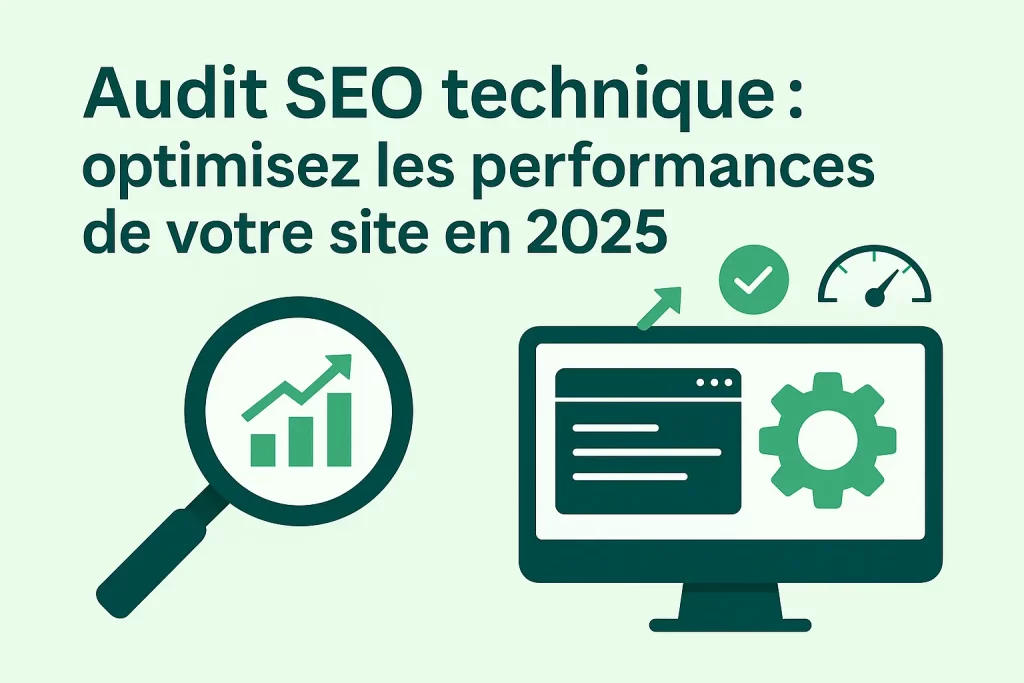 Illustration représentant un audit SEO technique pour optimiser les performances d’un site web en 2025, avec icônes de graphes, ordinateur et outils de diagnostic.