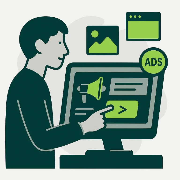 Illustration vectorielle d’un concepteur web travaillant sur un bandeau publicitaire internet moderne et impactant pour 2025.