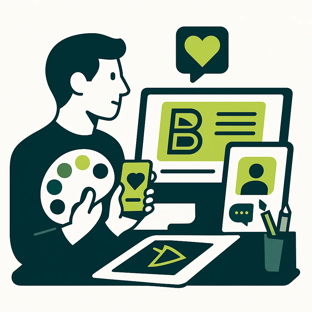 Professionnel du marketing travaillant sur le branding numérique avec un logo, une palette de couleurs et des appareils connectés.