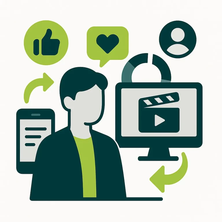 Community manager moderne entouré d’icônes de réseaux sociaux et outils numériques, illustrant les tendances 2025.