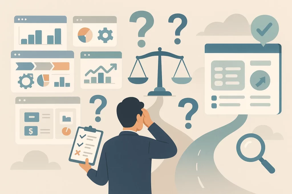 Illustration représentant un professionnel hésitant entre plusieurs solutions CRM génériques et un CRM sur mesure, avec des tableaux de bord, une balance, un chemin décisionnel et des icônes d’analyse.