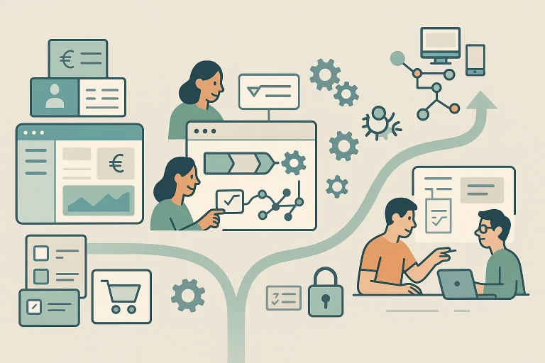 Illustration comparative des CRM open source gratuits en 2025, mettant en valeur des outils modulaires comme Dolibarr, Odoo, ERPNext, SuiteCRM et des CRM sur mesure adaptés aux PME.