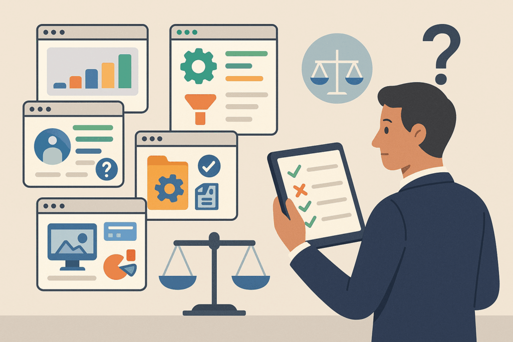 Un homme consulte une checklist face à plusieurs tableaux de bord CRM et une balance, illustrant le choix entre différentes solutions CRM en 2025.