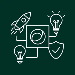 Illustration d’une création d’identité visuelle avec des icônes de fusée, ampoules et bouclier.