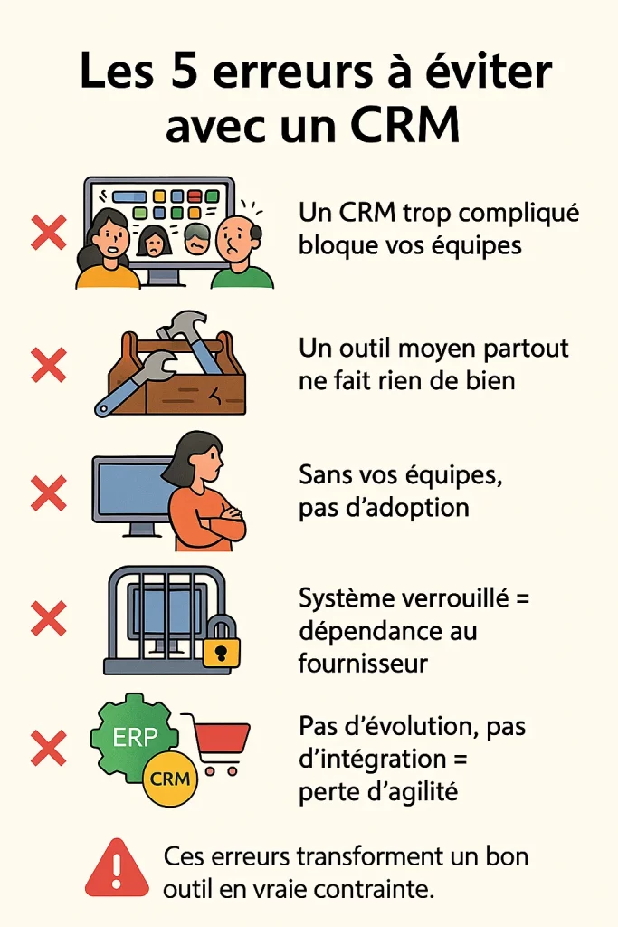 Infographie présentant les 5 erreurs fréquentes à éviter lors de la mise en place d’un CRM, avec illustrations et texte explicatif.