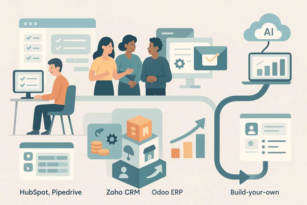 Comparatif visuel des meilleurs CRM pour PME en 2025, incluant HubSpot, Pipedrive, Zoho, Odoo, Salesforce et une alternative sur mesure.