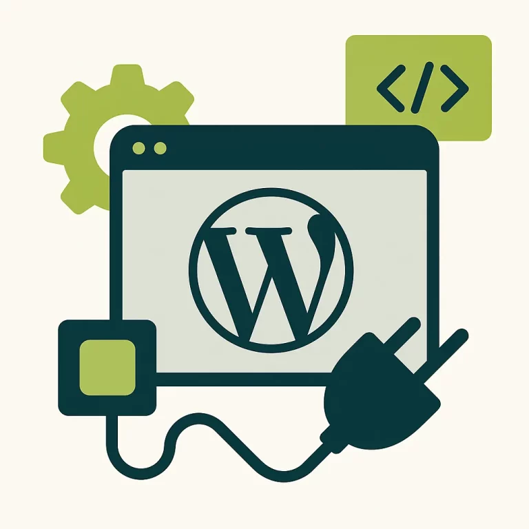 Illustration d’un écran WordPress avec une prise et des icônes de développement, représentant la création de plugins WordPress sur mesure.