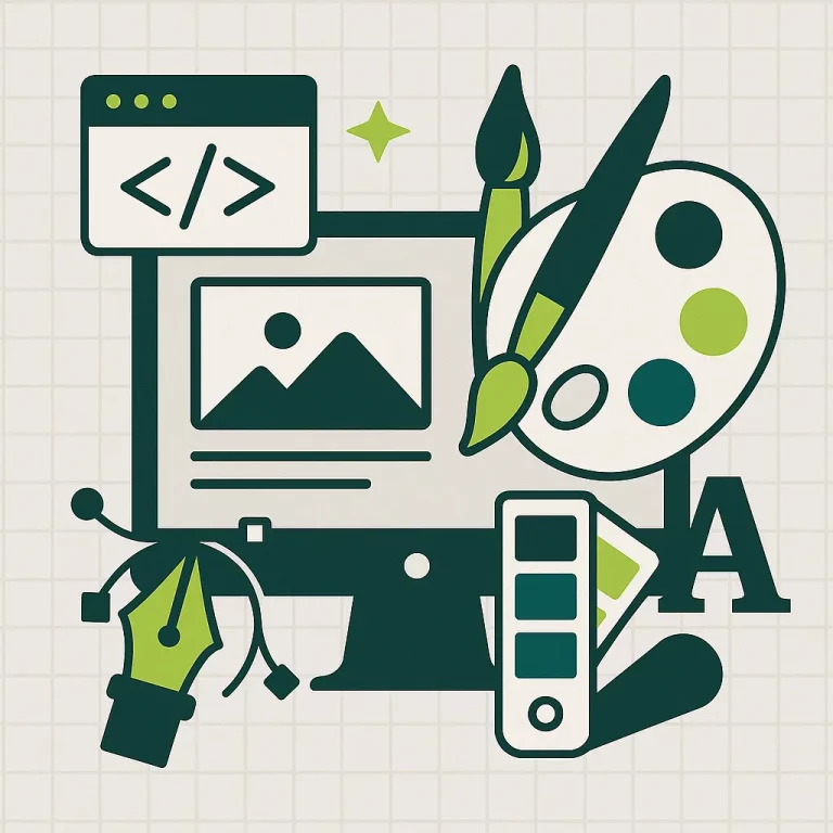 Illustration vectorielle représentant la direction artistique web avec un écran d’ordinateur, une palette de couleurs, un pinceau et des outils graphiques.