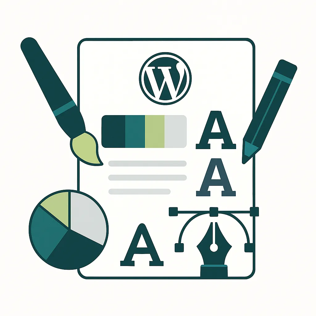 Illustration d’une charte graphique comprenant une palette de couleurs, des typographies et des outils de design sur fond blanc.