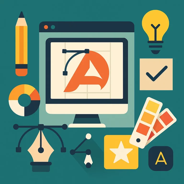 Illustration d’un écran et d’outils de design symbolisant les étapes de création d’un logo et d’une identité visuelle moderne et impactante.