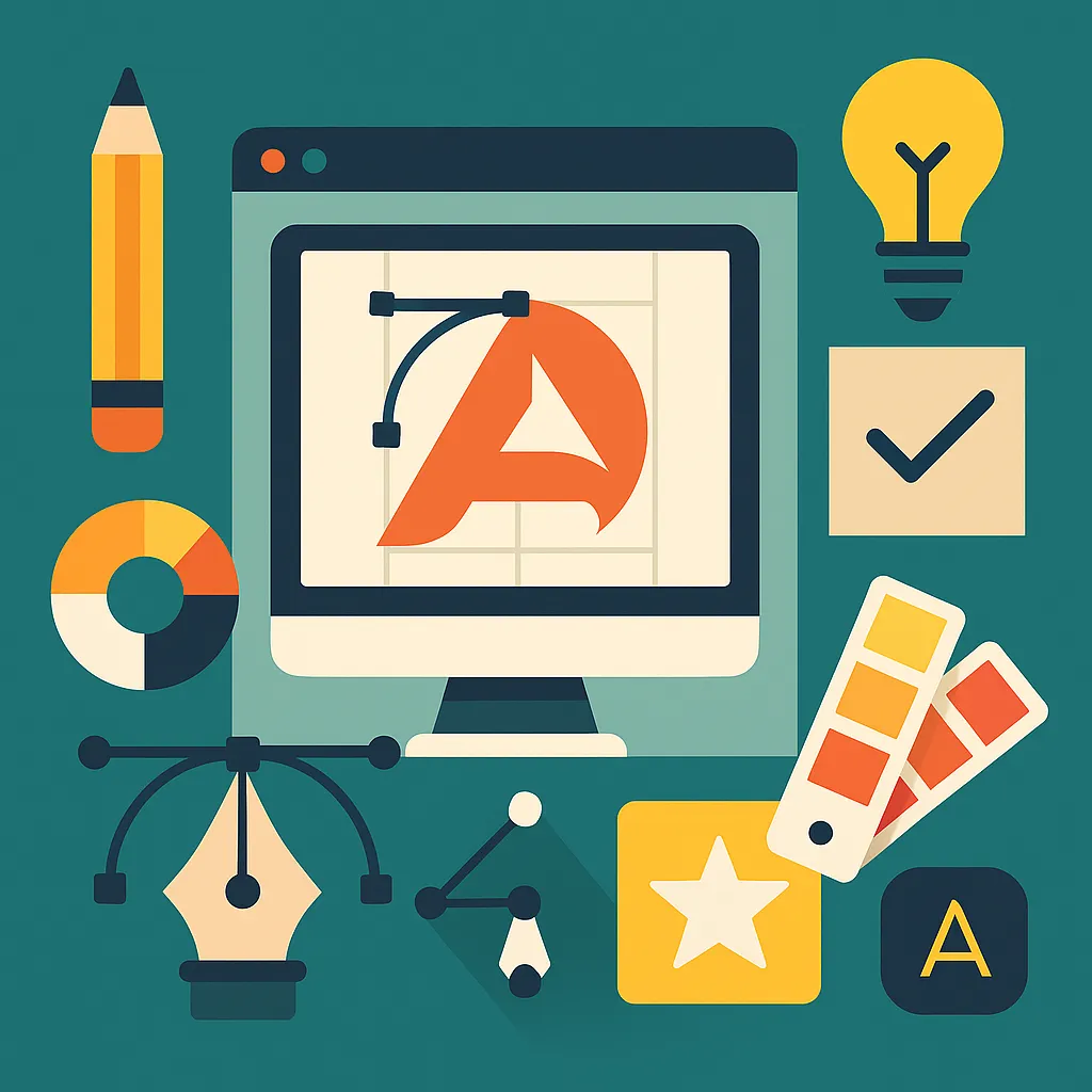 Illustration d’un écran et d’outils de design symbolisant les étapes de création d’un logo et d’une identité visuelle moderne et impactante.