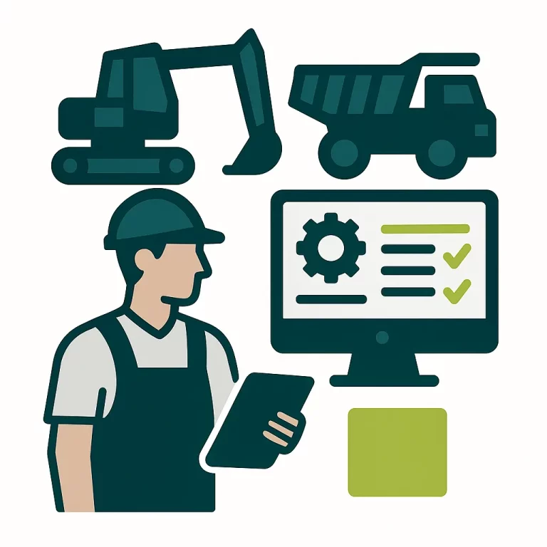 Illustration vectorielle d’un ouvrier BTP avec une tablette et des engins de chantier, symbolisant un logiciel de GMAO pour la maintenance et la gestion des chantiers.