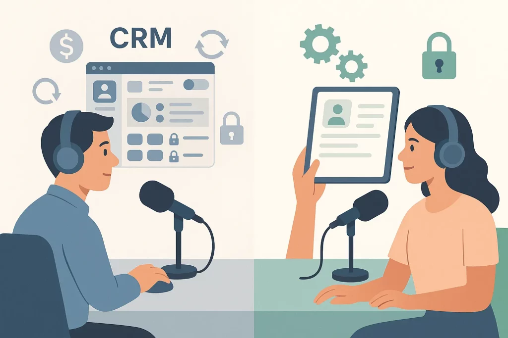 Illustration flat design montrant un homme utilisant un CRM propriétaire complexe et une femme utilisant un CRM sur mesure simple, dans un contexte de podcast.