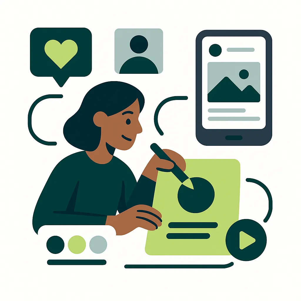 Illustration vectorielle moderne d’une créatrice de contenu travaillant sur des visuels pour réseaux sociaux avec des couleurs contrastées.