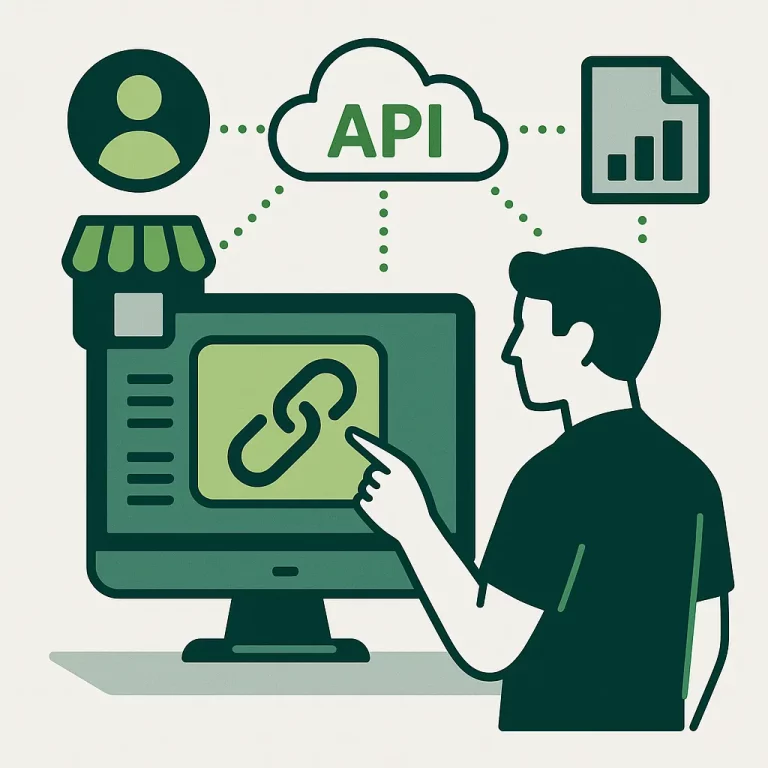 Illustration vectorielle d’un utilisateur configurant l’intégration d’API pour connecter des logiciels et automatiser les flux de données.
