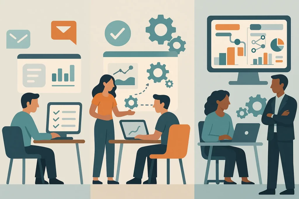Illustration comparative en flat design des logiciels CRM 2025 selon les besoins : CRM simples pour indépendants, outils personnalisables pour PME, plateformes avancées pour entreprises structurées.