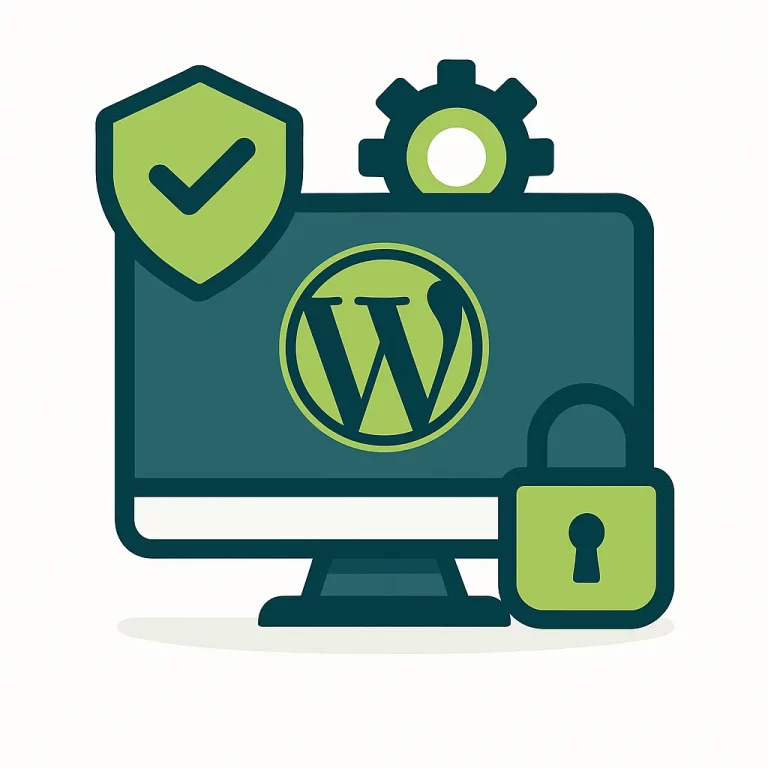 Illustration d’un écran WordPress avec des icônes de sécurité et de performance, représentant la maintenance d’un site WordPress.